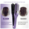 Comparison showing before and after use of a purple cordless hair clipper for hair repair