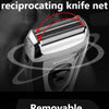 Close-up of a Kemel double-layer reciprocating knife net shaver with a removable cutter head.