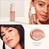 A close-up of a liquid bronzer contour foundation stick product and a model applying it to her face.