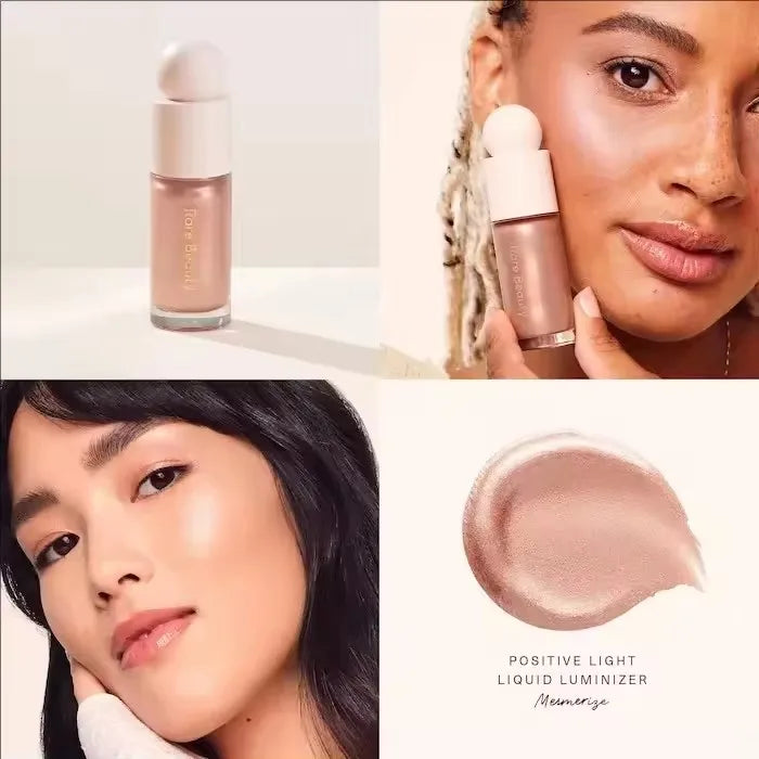 A close-up of a liquid bronzer contour foundation stick product and a model applying it to her face.