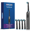 A box and several black electric toothbrushes with blue bristles are shown for a deeper cleaning tool.
