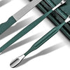 A professional stainless steel manicure and pedicure kit with a dark green travel case and tools.