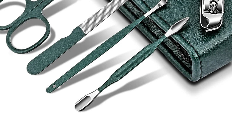 A professional stainless steel manicure and pedicure kit with a dark green travel case and tools.