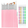 A collection of professional nail art tools including various shaped files and brushes in pink, beige, and green.