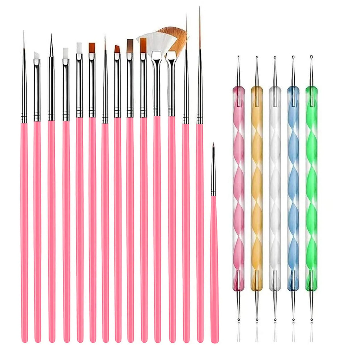 A collection of professional nail art tools including various shaped files and brushes in pink, beige, and green.