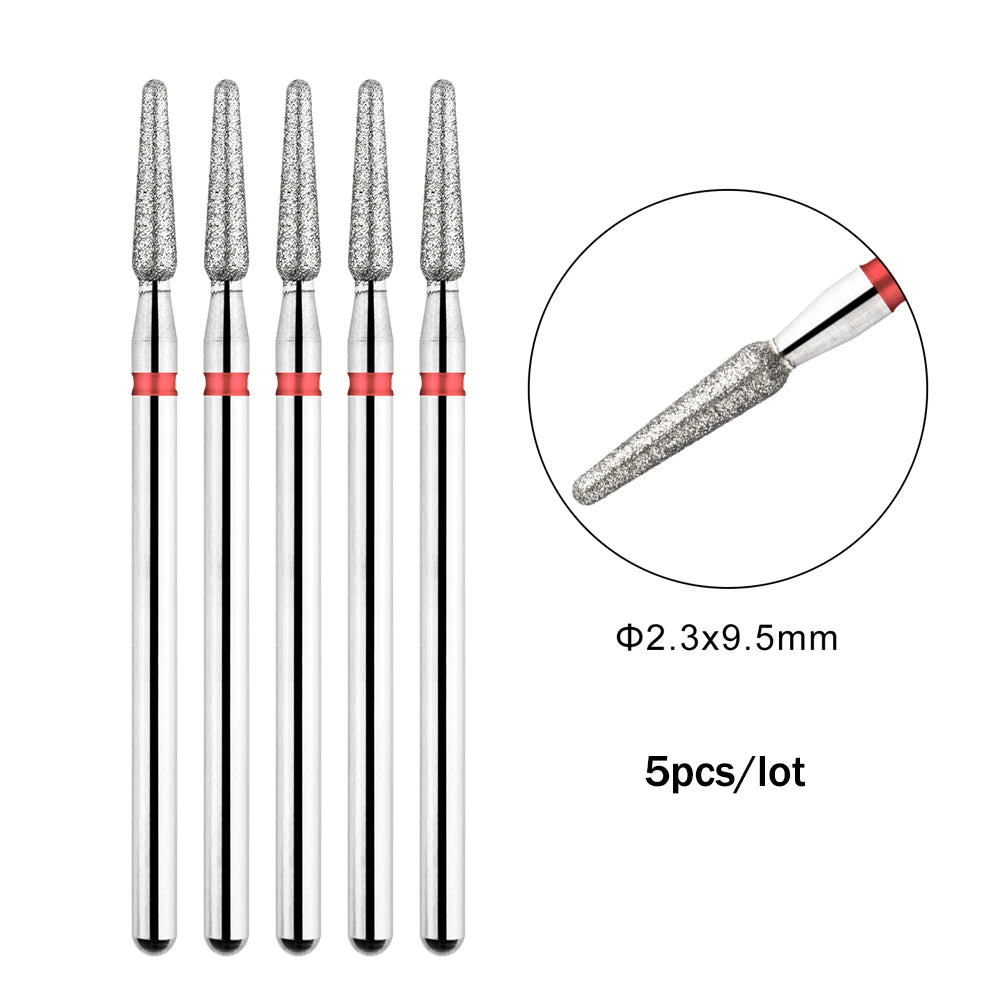A set of five diamond nail drill bits with a silver and black design shown vertically.