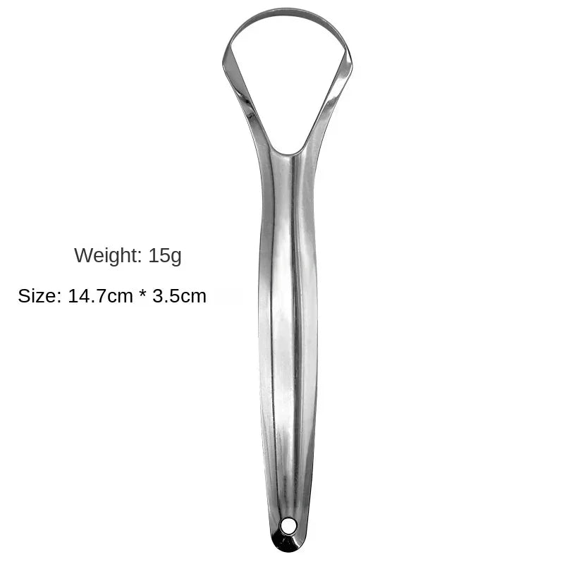Racloir à langue en acier inoxydable avec manche en boucle et pointe pointue.
