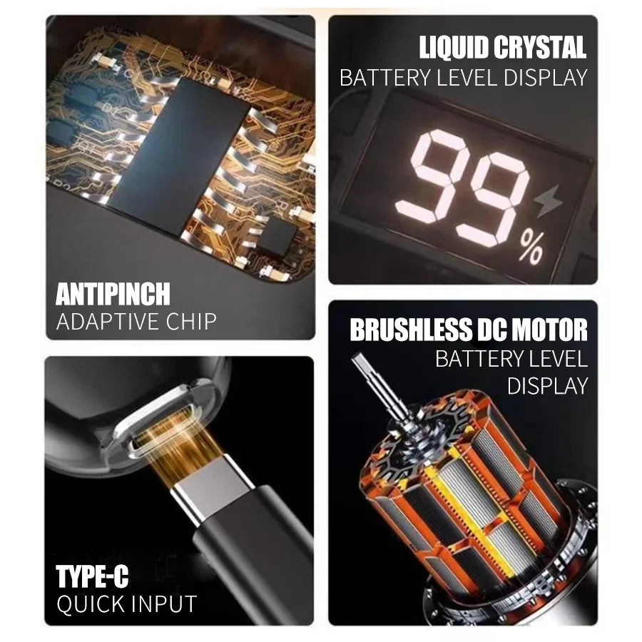 A set of grooming tools including a liquid crystal battery level display, an antipinch adaptive chip, and a brushless dc moto