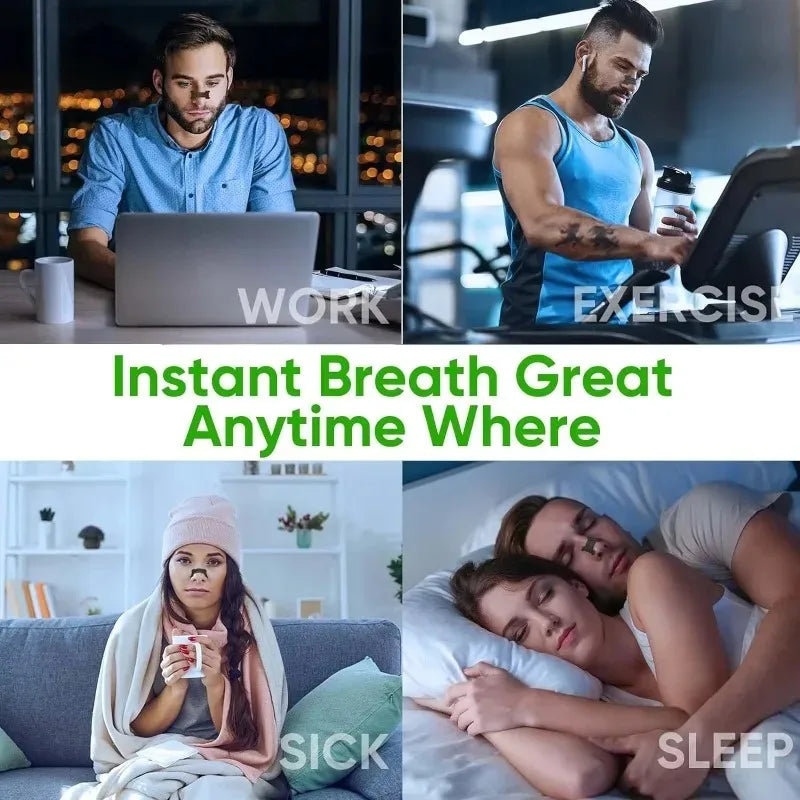 Collage montrant des personnes utilisant des bandes nasales anti-ronflements pour le sommeil et l'usage quotidien.