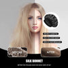 A woman shows before and after results of a silk bonnet for volume hair