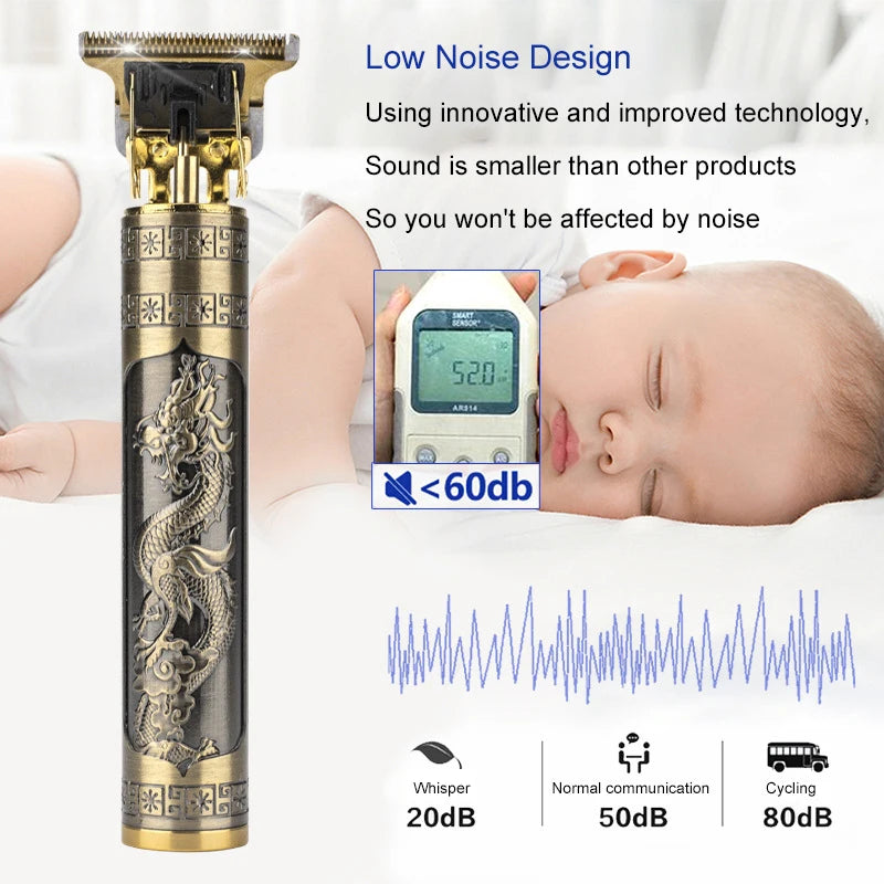 A professional cordless electric hair clipper with a decorative metal body is shown next to a baby sleeping peacefully.