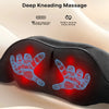 A black U-shaped shiatsu massager with red glowing massage points is shown on a light background.