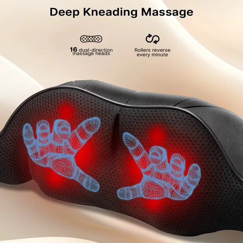 A black U-shaped shiatsu massager with red glowing massage points is shown on a light background.