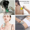 A woman is using a mini portable massage gun for deep tissue relief on her shoulder.