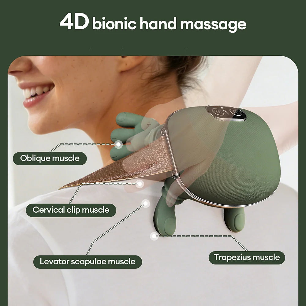 A hand massager device is shown applying pressure to the neck and shoulder muscles of a person.