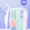 A white plastic container of Orthodontic Double Line Floss Sticks with a white floss stick shown next to the packaging.
