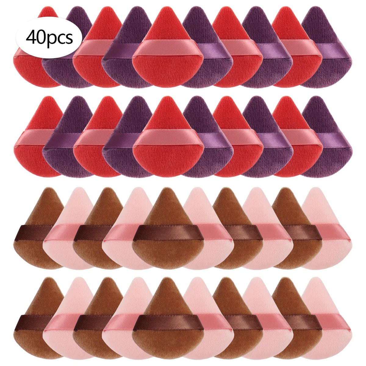 Un set de 40 soufflets en poudre triangulaires dans différentes nuances de rouge, violet et brun.