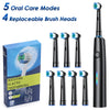 A black rotary electric toothbrush set with 5 modes and 4 replaceable brush heads displayed next to the packaging box.