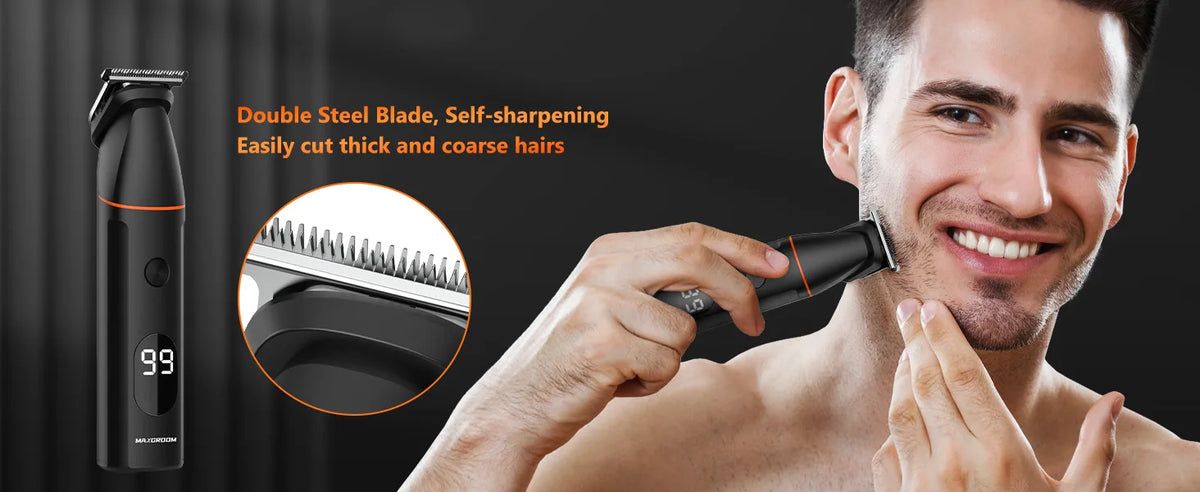 A man is using a black electric trimmer with a double steel blade to groom his hair.