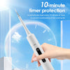 A hand holds a white sonic electric toothbrush with a timer protection feature against a blue background.