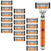 A set of ten orange and black multi-blade safety razors with silver handles.