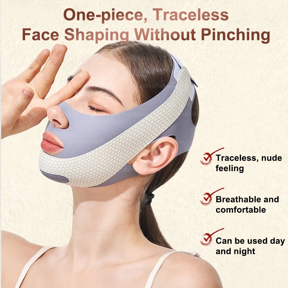 A woman is wearing a one-piece, traceless face shaping strap for facial sculpting.