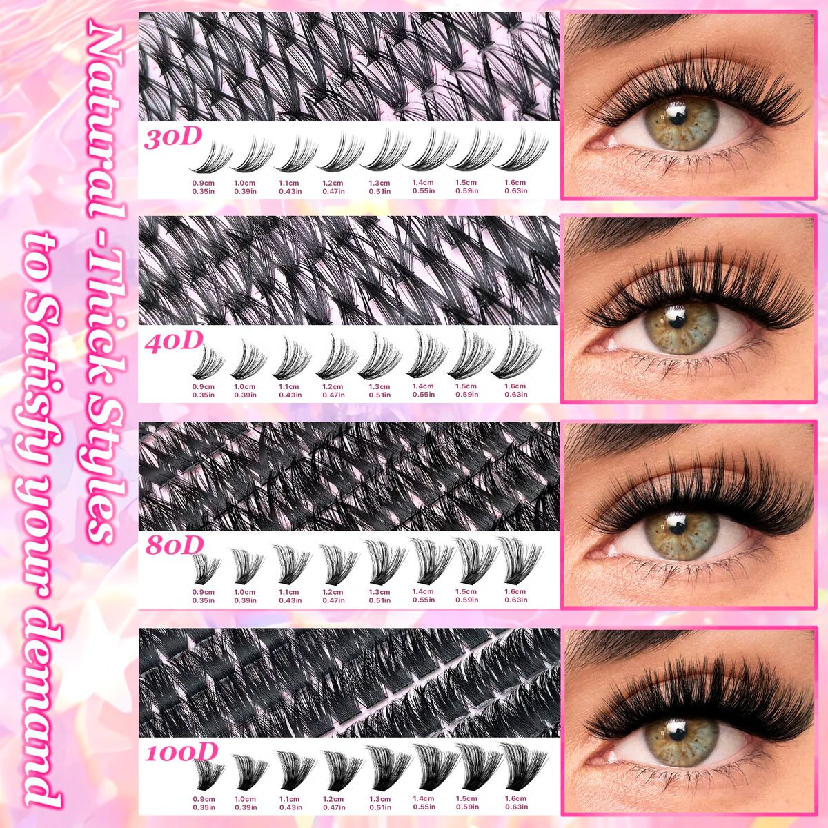 A comparison chart showing various lash styles and lengths for natural thick style DIY lash extension kits.