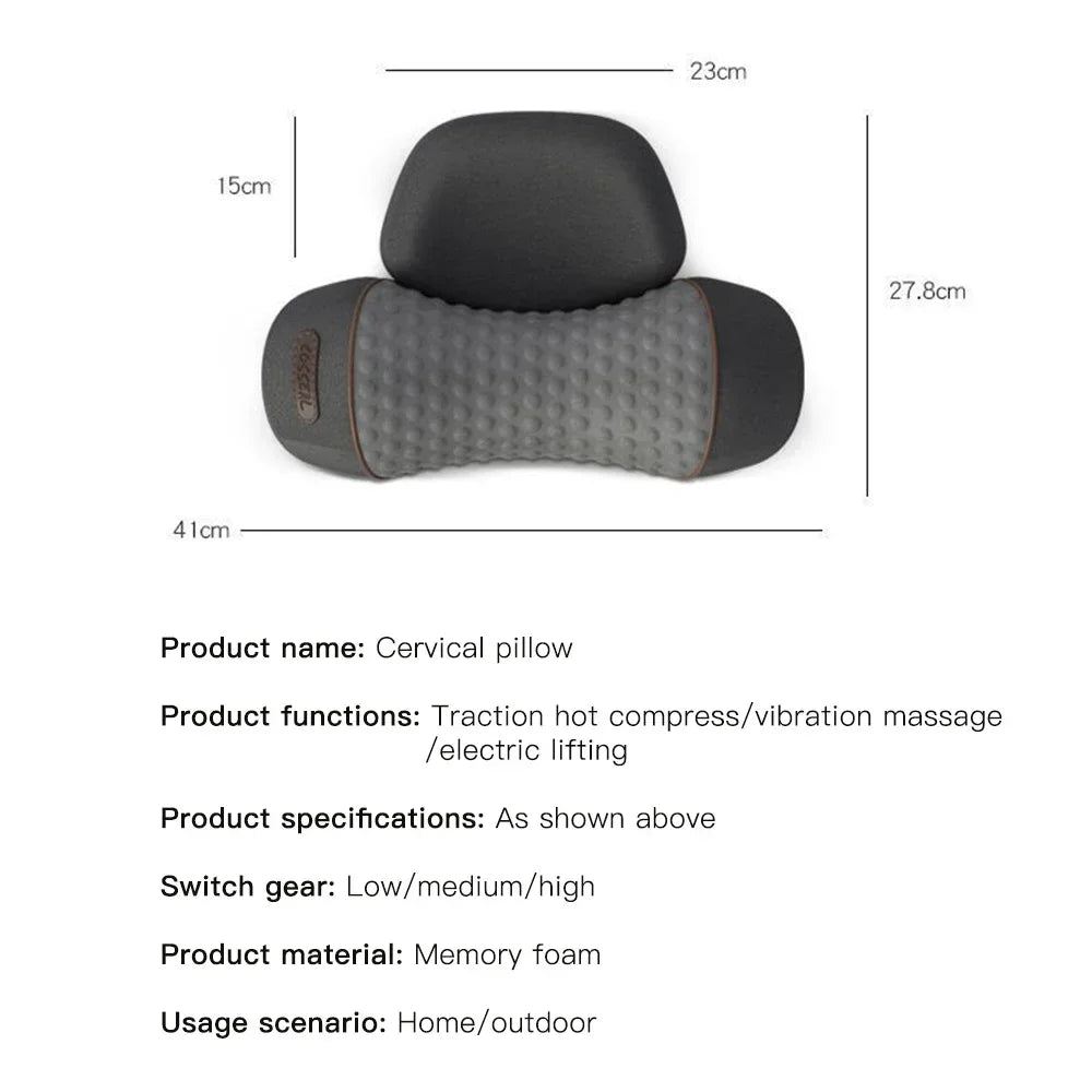 Black electric cervical pillow massager with gray accents shown from above.