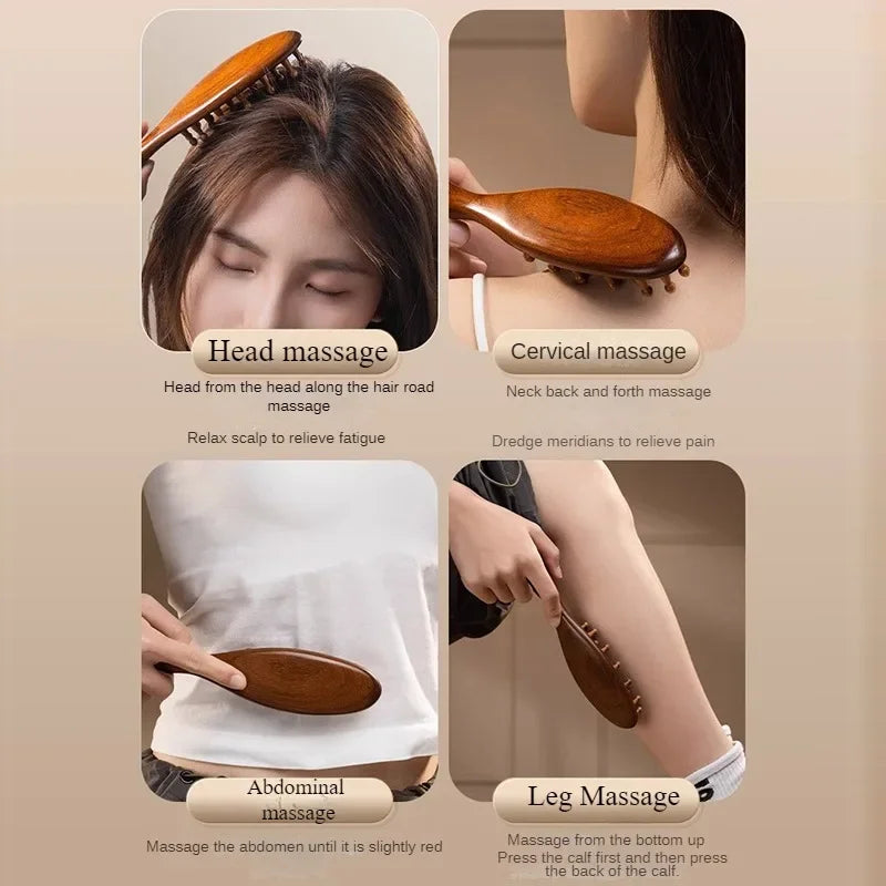 Un juego de herramientas de masaje de madera para cabeza, cuello y piernas, incluyendo un peine para el cuero cabelludo y una