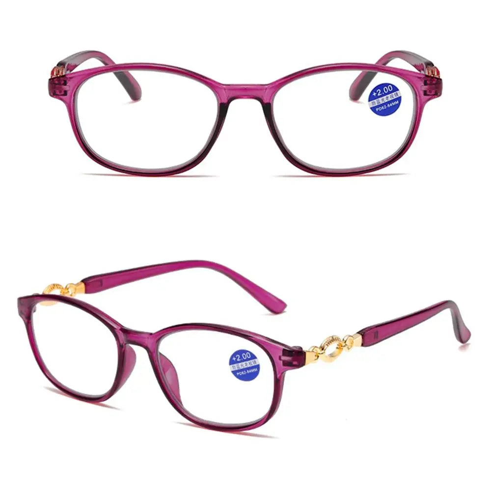 A pair of purple progressive multifocal reading glasses with gold accents shown against a white background.
