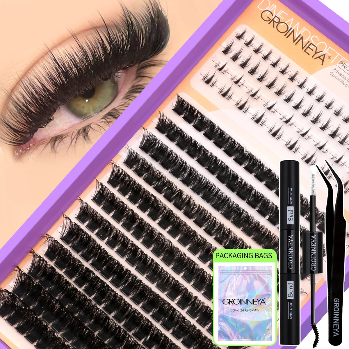 DIY lash extension kit featuring Groinneya bond and tweezers for applying false eyelashes