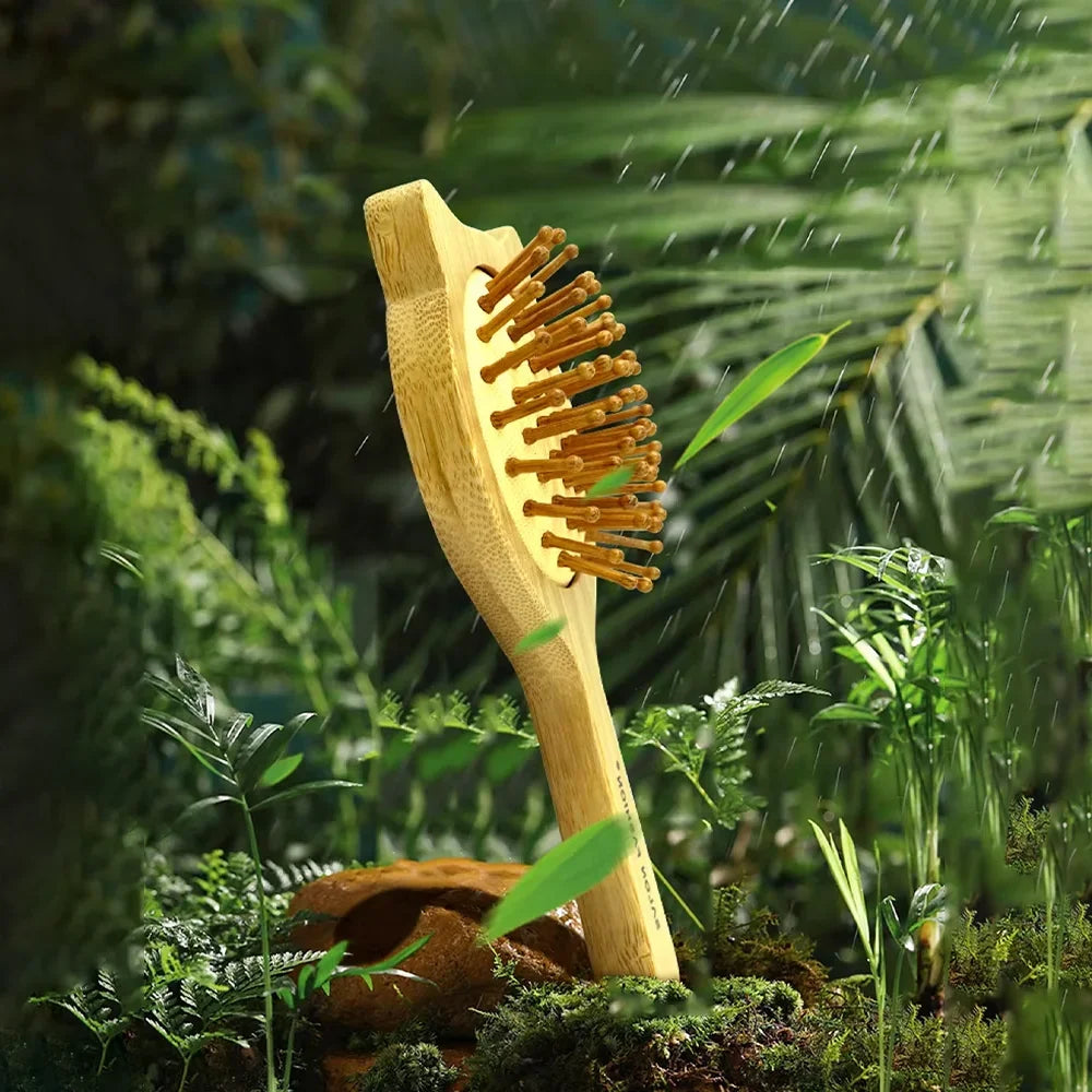 A light wood bamboo hair brush is shown amidst lush green foliage and plants.