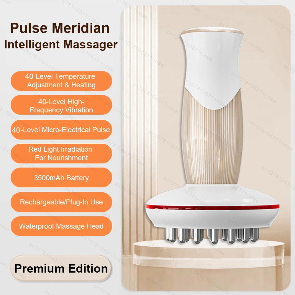A white electric pulse meridian massager with a textured body and massage head is shown on a wooden surface.