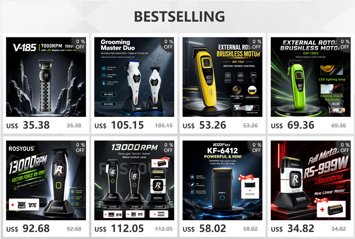 A collection of professional cordless hair clipper kits for men, including various models and accessories.