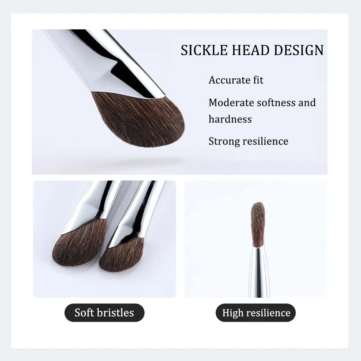Close-up view of a black makeup brush with a sickle head design showing soft bristles and high resilience.