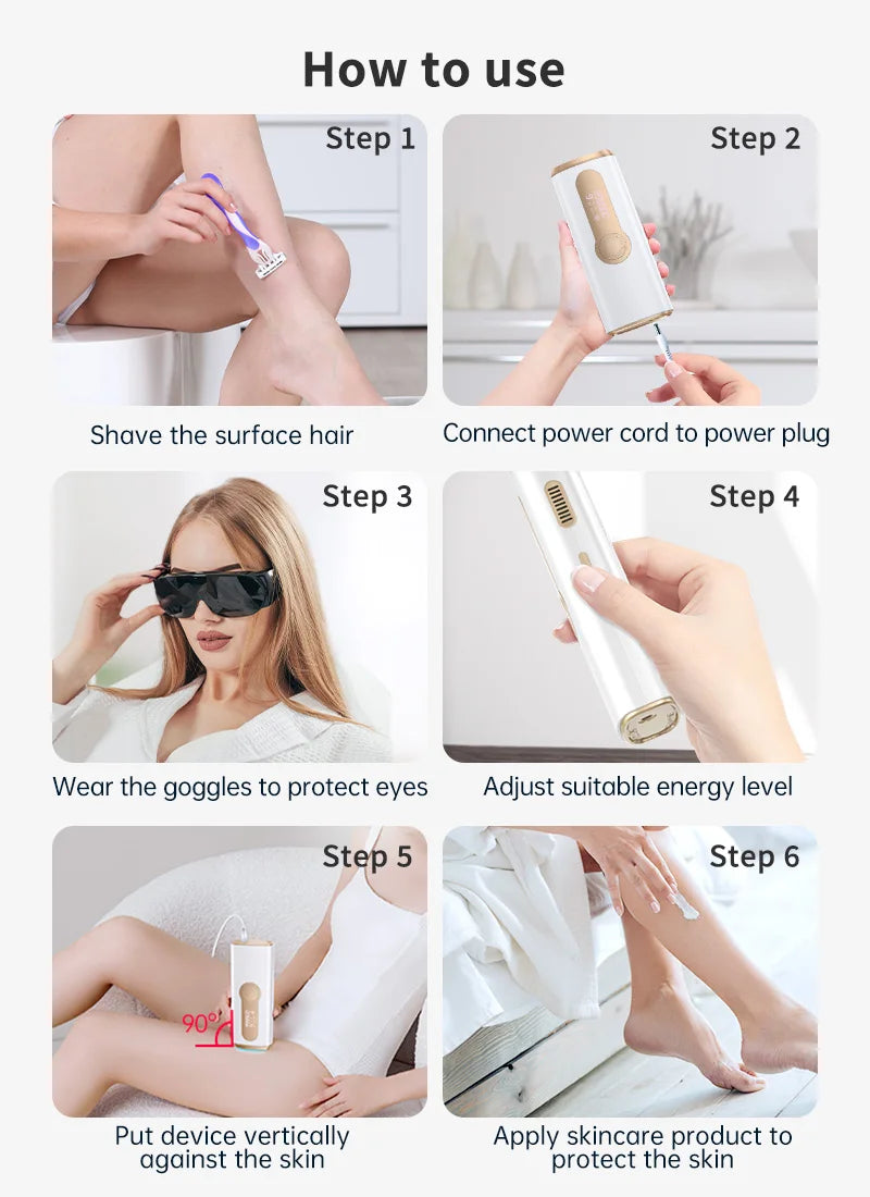 A six-step guide showing how to use an IPL pulsed light hair removal device for safe skin treatment.