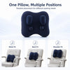 A dark blue electric massage pillow shown in three different fitting positions for waist, back, and shoulder relief.