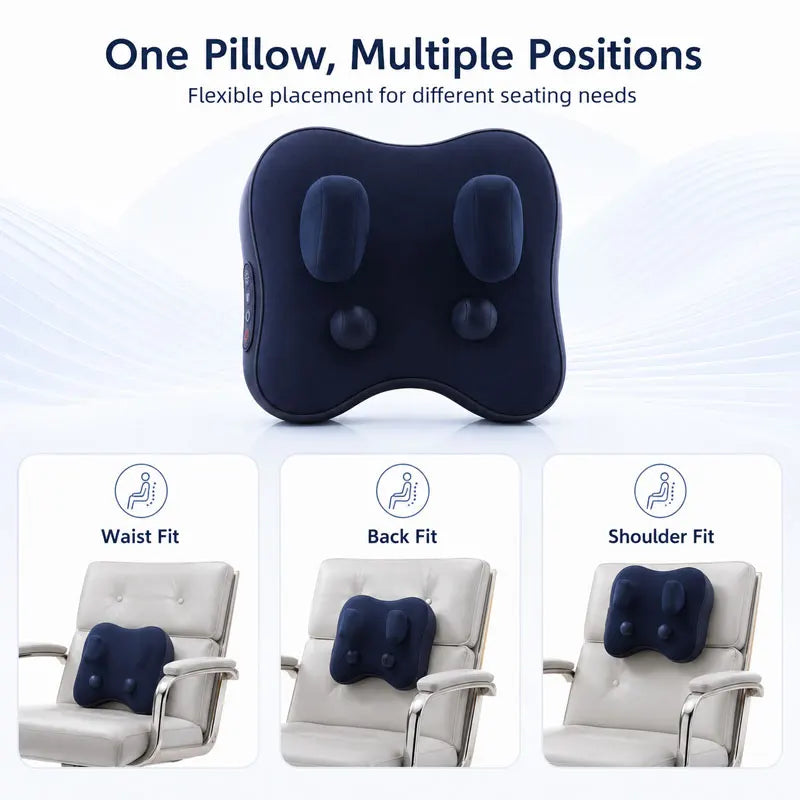 A dark blue electric massage pillow shown in three different fitting positions for waist, back, and shoulder relief.