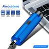 A blue portable electric shaver with an Android USB charging port is shown next to a laptop.