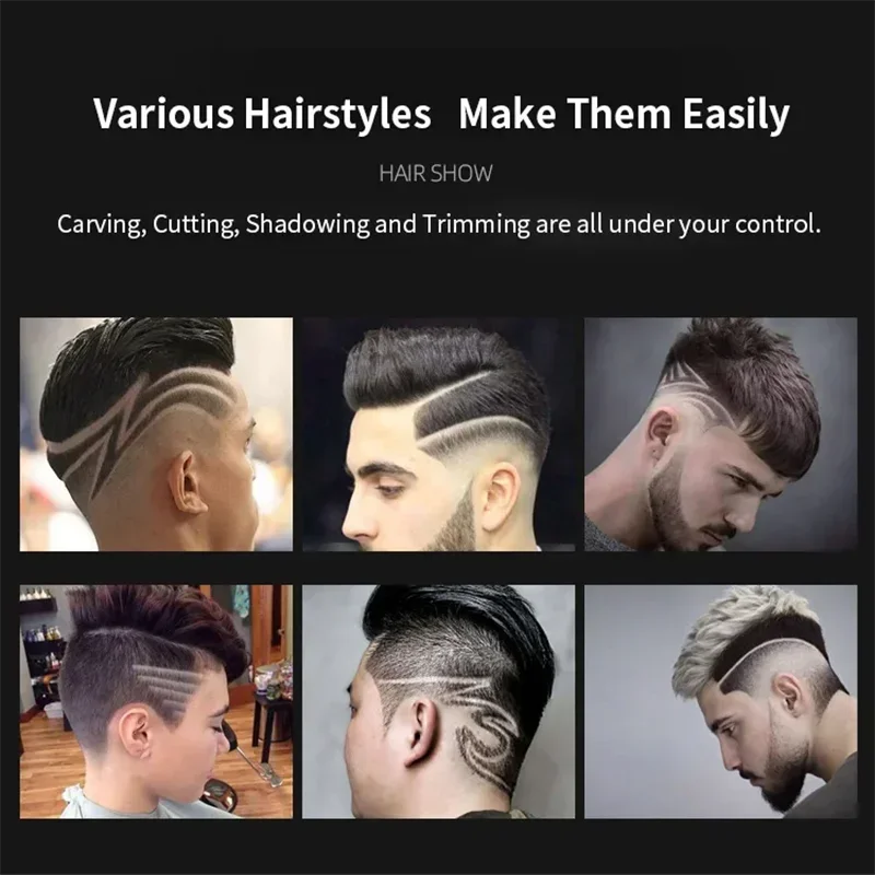 A collection of various hairstyles demonstrating carving, cutting, shadowing, and trimming techniques on a male head.