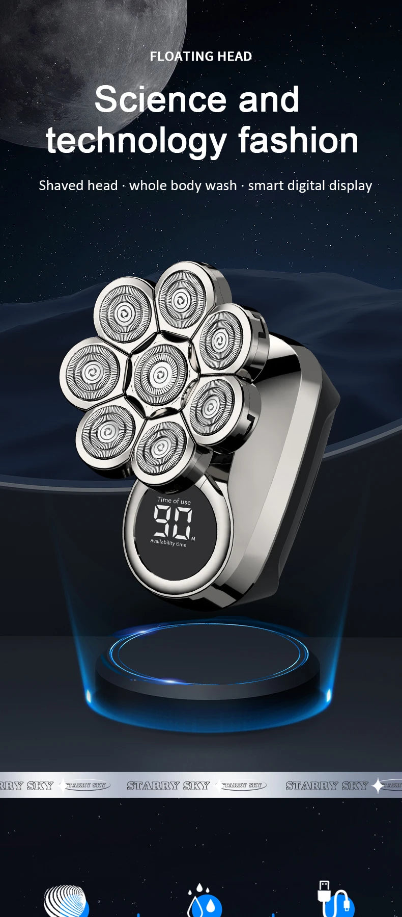 A close-up view of a silver electric grooming kit with multiple rotating heads, displayed against a dark background.