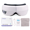 White portable Bluetooth eye massage instrument with a protective pouch and charging cable.