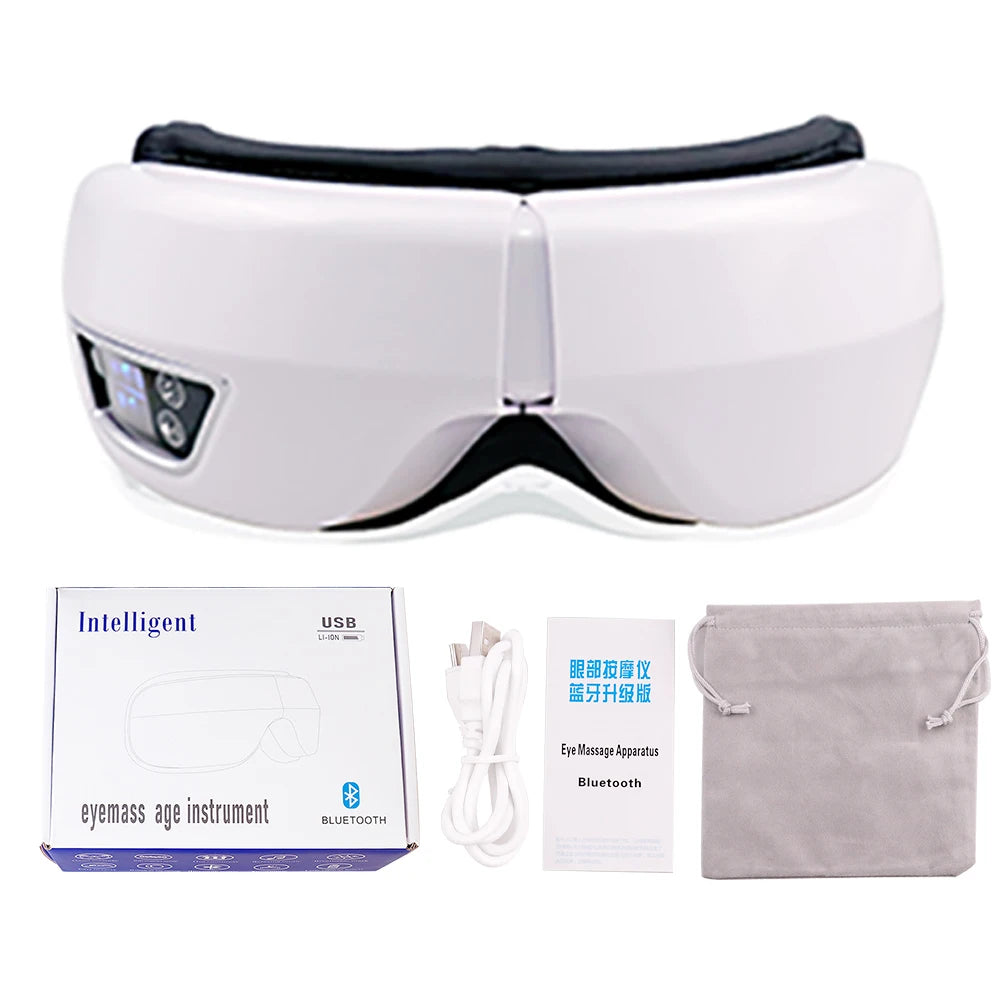 White portable Bluetooth eye massage instrument with a protective pouch and charging cable.