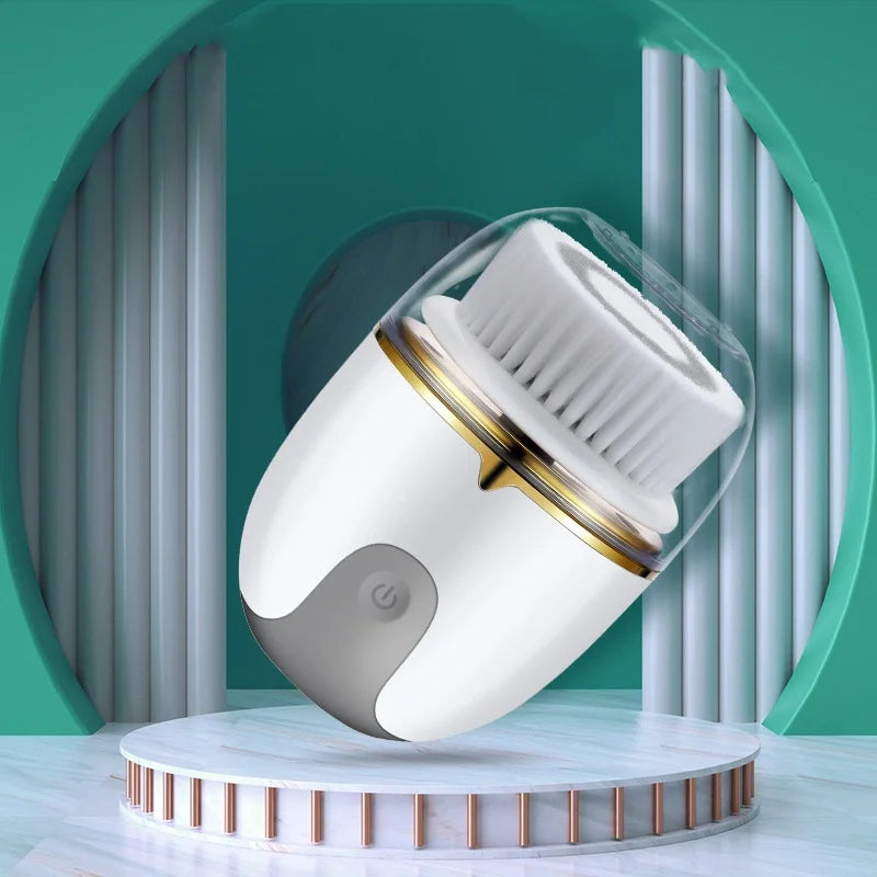 A white electric facial cleanser brush is displayed on a round wooden stand against a teal background.