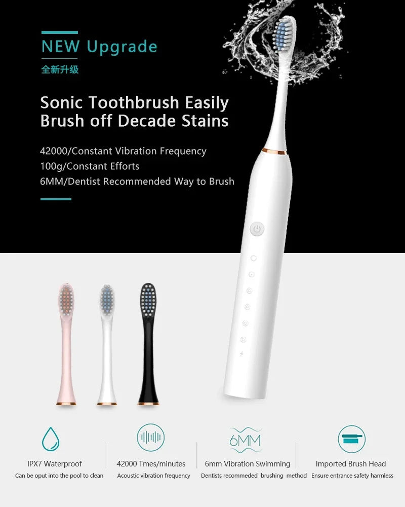 White sonic toothbrush shown with various brush heads and cleaning features.