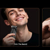 A set of grooming tools including a beard trimmer and a chest hair trimmer shown in close-up shots.