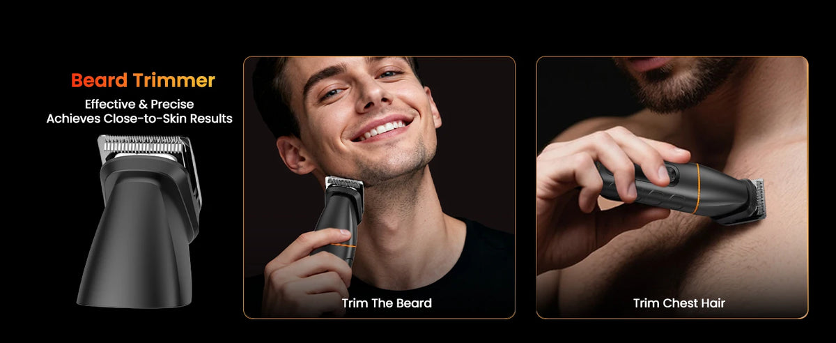A set of grooming tools including a beard trimmer and a chest hair trimmer shown in close-up shots.