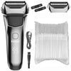 A black electric shaver with a silver body, accessories, and replacement foils are shown.