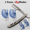 A professional stainless steel straight shaving razor with twenty replacement blades.