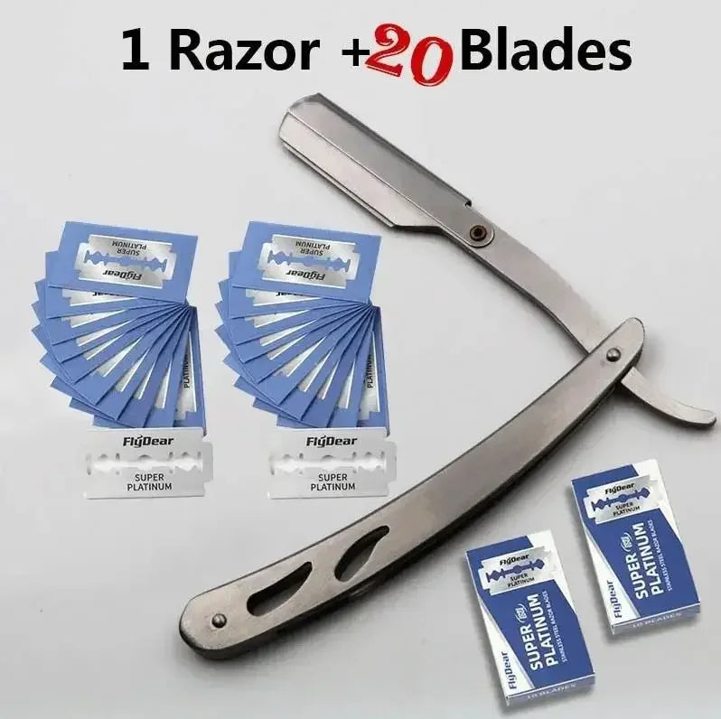 A professional stainless steel straight shaving razor with twenty replacement blades.